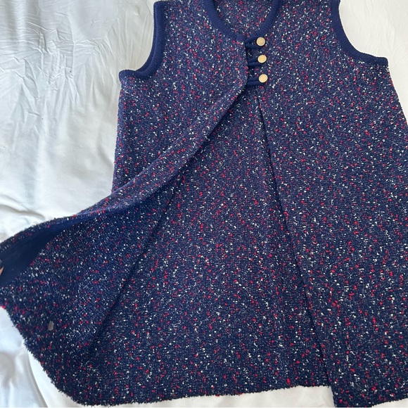 Vintage 60s/70s Confetti Fancy Knit Tunic Vest Sleeveless Navy Blue Open Front M - Picture 8 of 15